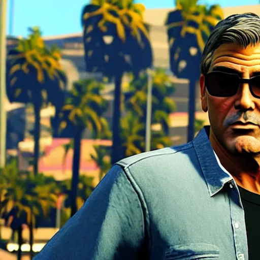 Image similar to george clooney in gta v. los santos in background, palm trees in the art style of stephen bliss