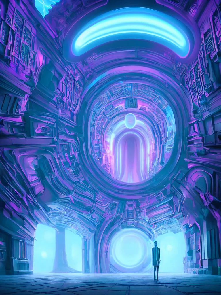 Image similar to symmetrical entrance to mainframe ethereal realm, ai sentient, octane render, symmetrical composition, dreamy colorful cyberpunk colors, 6 point perspective, fantasy landscape with anthropomorphic terrain in the styles of igor morski, jim warren and rob gonsalves, intricate, hyperrealistic, volumetric lighting, neon ambiance, distinct horizon