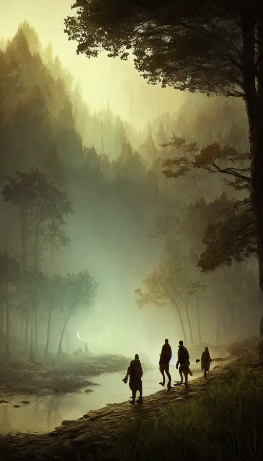 Prompt: muslim adventurers walking along the river bank in a forest, an epic fantasy, dramatic lighting, cinematic, extremely high detail, photorealistic, cinematic lighting, matte painting, artstation, 50mm lens, by simon stalenhag, horizon forbidden west