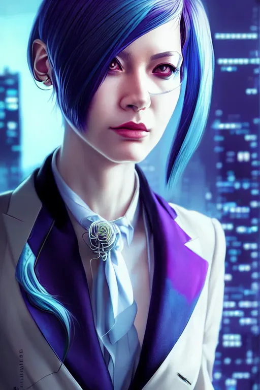 Image similar to hyperdetailed very close portrait of a european thirty years old woman in an elegant suit with a pin in a cyberpunk city inspired by ross tran and wlop and masamune shirow and kuvshinov, concept art, intricate, photorealistic, octane render, rtx, hdr, unreal engine, dnd digital art by artgerm fine face