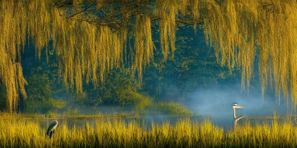 Image similar to a majestic blue heron in shallow river, waterfalls in distance, left border beautiful willow, right border cherry blosom trees, lily pads bullrushes marsh clouds, golden hour intricate luminescent matte painting, highly detailed, artstation