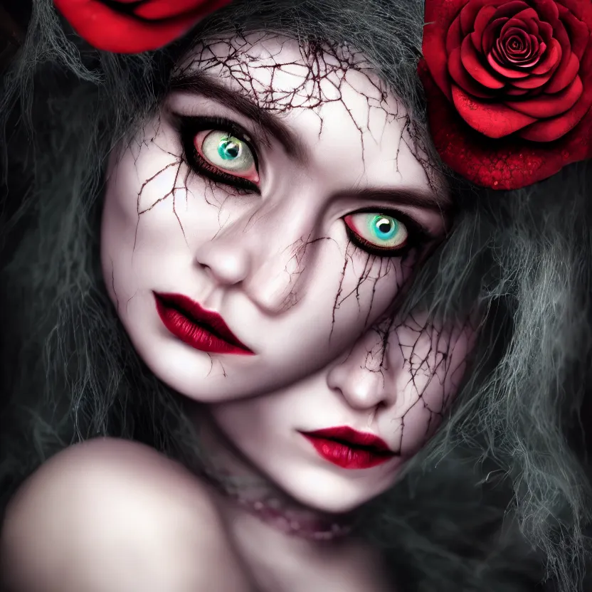 Image similar to single faced portrait of enchanting femenine witch, hyper attractive, seductive, very complex, hyper - maximalist, overdetailed, legendary cinematic, darkfantasy, archetype with timeless beauty breathtaking eyes, highly intricate, realism, roses, perspicious detail, silent hill aesthetic, photorealistic, lifelike, dslr 8 k, unbeatable coherency, octane render