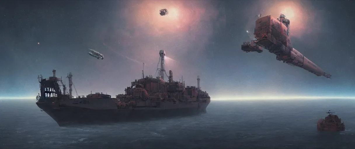 Image similar to lone industrial!!! spaceship!!, deep space exploration!!!, flying, ridley scott universe, the final frontier, illustrative!!, punk, painterly, hyperdetailed, hyperrealistic, utilitarian cargo ship, cinematic lighting, 4k, wide angle, beksinski, (neon colors)