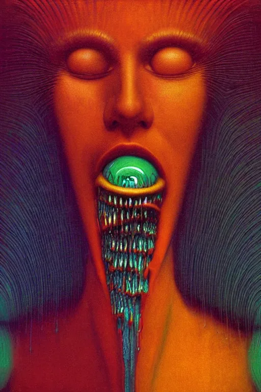 Image similar to 8 0 s art deco close up portait of face with big mouth, rain like a dream oil painting curvalinear clothing cinematic dramatic cyberpunk textural fluid lines otherworldly vaporwave interesting details fantasy lut epic composition by basquiat zdzisław beksinski james jean artgerm rutkowski moebius francis bacon gustav klimt