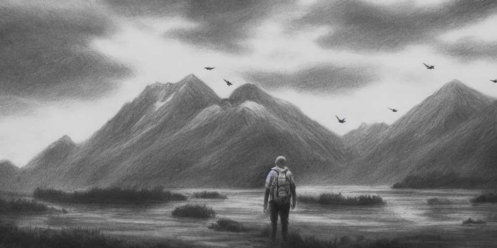 Prompt: A majestic landscape featuring a river, mountains and a forest. A group of birds is flying in the sky. There is a dog and an old man standing, wearing a backpack and staring at the sunset. Cinematic, very beautiful, pencil drawing