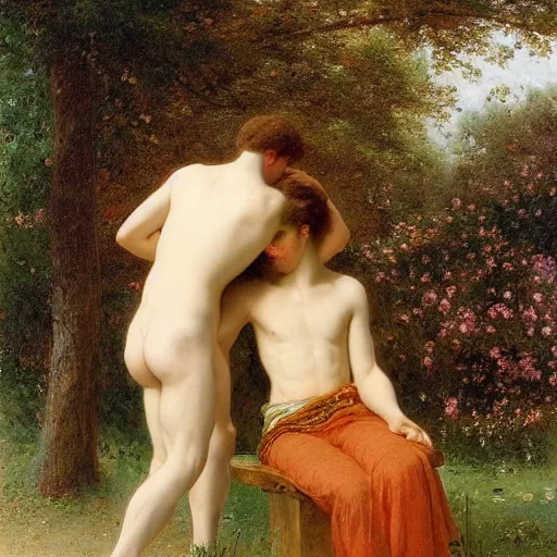 Prompt: Springtime, by Pierre-Auguste Cot, depicting two adult male lovers