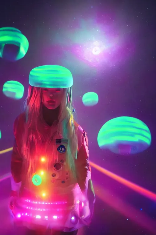 Image similar to astronaut rave girl, glowsticks, LSD, dramatic lighting, cinematic, establishing shot, extremely high detail, foto realistic, cinematic lighting, post processed, concept art, high details, cinematic, 8k resolution, beautiful detailed, photorealistic, digital painting, artstation, concept art, smooth, sharp focus, artstation trending, octane render, unreal engine