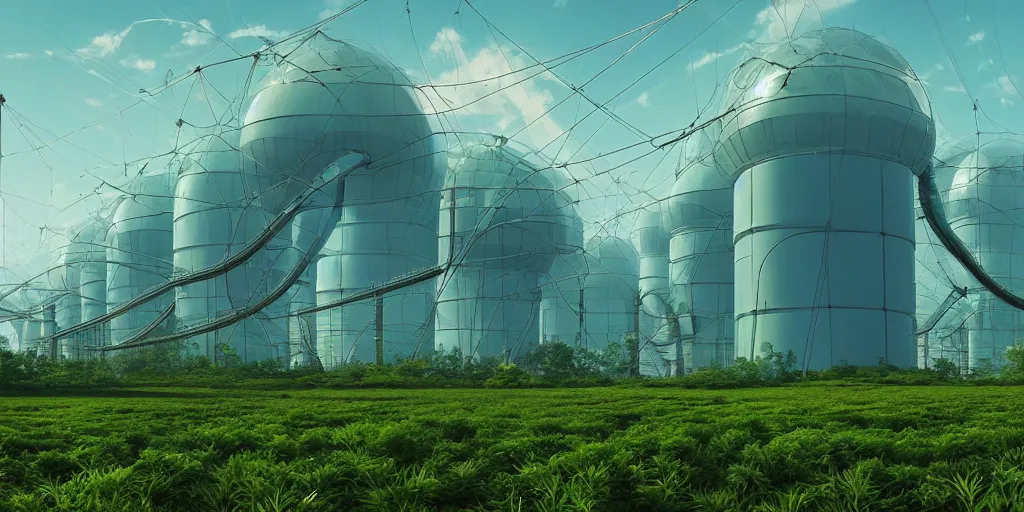 Image similar to giant solarpunk power station, sci - fi, plants, greenery, digital art by beeple