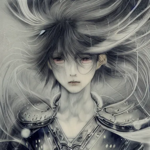 Image similar to yoshitaka amano blurred and dreamy illustration of an anime girl with black eyes, wavy white hair fluttering in the wind wearing elden ring armor and engraving, abstract black and white patterns on the background, noisy film grain effect, highly detailed, renaissance oil painting, weird portrait angle, blurred lost edges, three quarter view, blue and white color palette