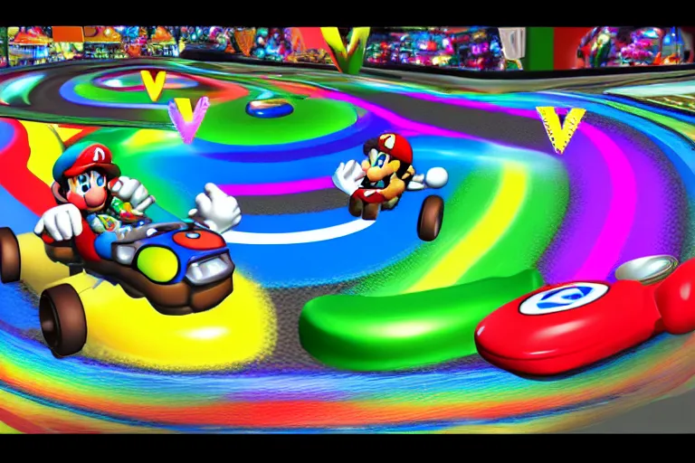 Prompt: Rainbow Road Mario Kart N64
