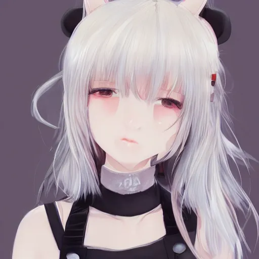 Image similar to realistic detailed semirealism beautiful gorgeous buxom hot girl natural cute excited happy realistic Blackpink Lalisa Manoban white hair white cat ears blue eyes, wearing apron, headphones, black leather choker realistic artwork drawn full HD 4K high resolution quality artstyle professional artists WLOP, Aztodio, Taejune Kim, Guweiz, Pixiv, Instagram, Artstation