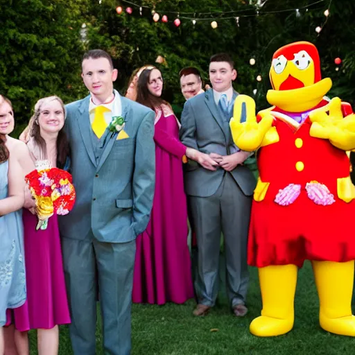 Prompt: mcdonald's themed wedding featuring grimace as the best man and ronald mcdonald as the officiant.