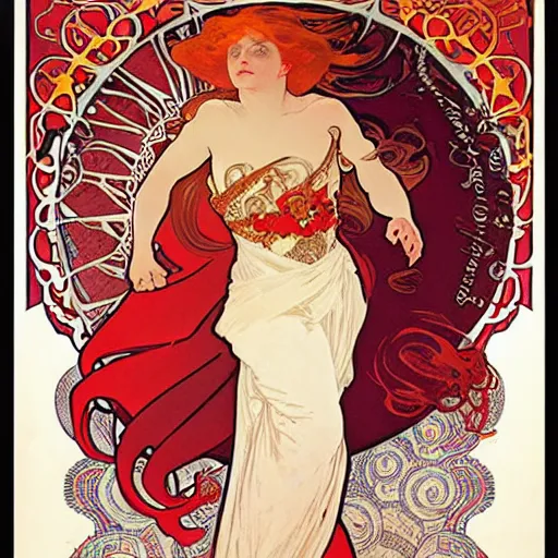 Image similar to Portrait of a female sorcerer with curly red hair wearing a red dress and a red cloak throwing a fireball, art nouveau poster by alphonse mucha, extremely detailed