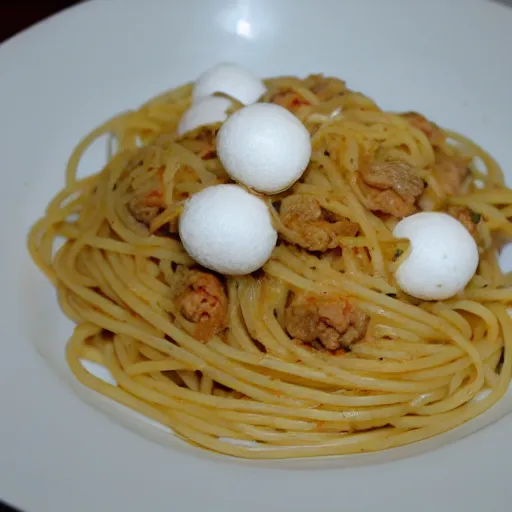 Prompt: michelin star restaurant spaghetti and mothballs