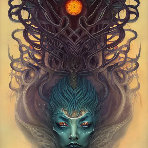 Image similar to queen of snakes, crown of snakes, blue skin, royal, by Anato Finnstark, Tom Bagshaw, Brom