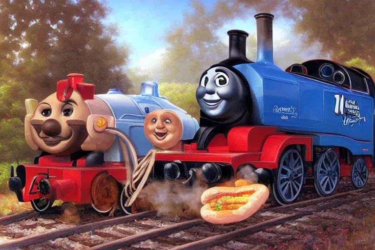 Image similar to portrait of wwf shawn michaels and thomas the tank engine sharing hotdogs, an oil painting by ross tran and thomas kincade