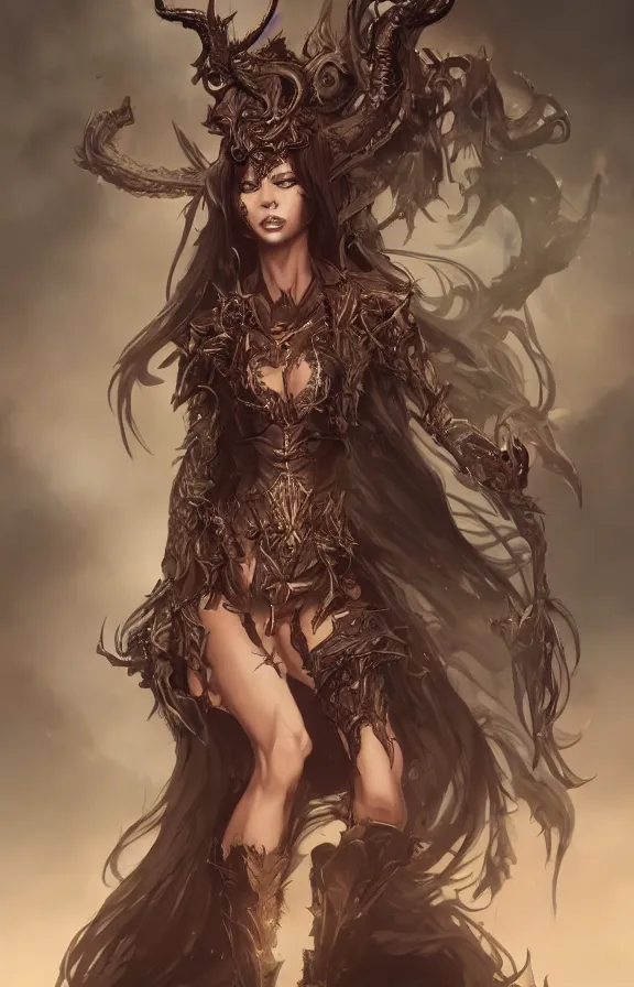 Image similar to an concept art of the demon queen, beautiful hair, intricate details, detailed face, detailed clothes, artstation, epic pose, epic background, ambient light, by bob timberlake and wlop