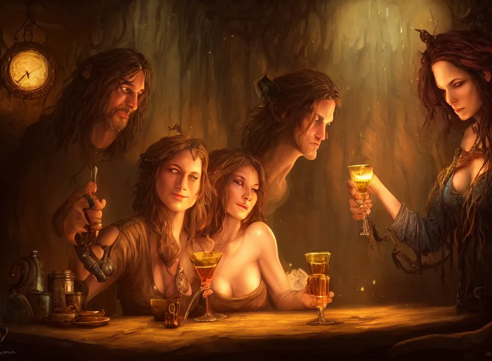 Prompt: a beautiful adventuring drinking couple, dimly-lit cozy tavern, relaxed pose, fantasy art, detailed painterly digital art style by Julie Bell, d&d vibe, 🍸, 8k octane beautifully detailed render, post-processing, extremely hyperdetailed, intricate, epic composition, grim yet sparkling atmosphere, cinematic lighting + masterpiece, trending on artstation, very detailed, vibrant colors