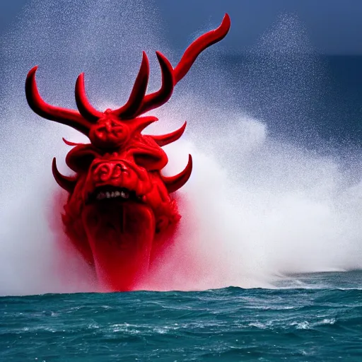 Image similar to a devilish red monster with horns emerging from boiling rough seas, photo by david lachapelle, s - 5 0