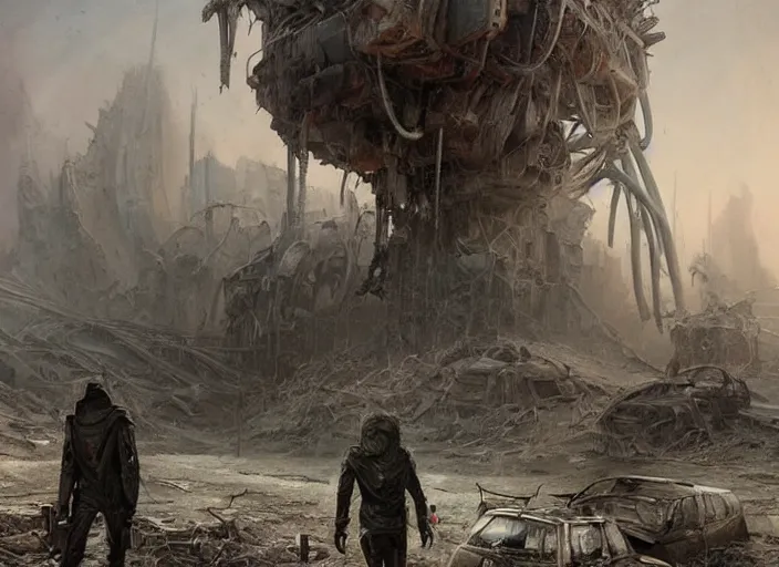 Prompt: concept art of men exploring a long abandoned planet, wreckage of trailers, dystopian atmosphere, apocalyptic road warrior vibe, an ultrafine detailed painting by by karol bak and filip hodas, trending on deviantart, pop surrealism, whimsical, lowbrow, perfect symmetrical face, sharp focus, octane, masterpiece, art by hans giger and wayne barlowe