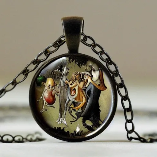 Image similar to artnouveau necklace hieronymus bosch monster creatures as an artnouveau necklace