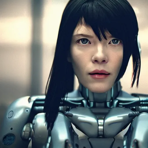 Image similar to film still of a female cyborg in new ghost in the shell sequel, cinematic lighting, high resolution, 4 k - w 6 4 0