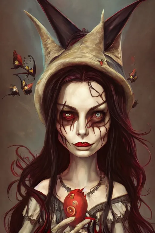 Image similar to portrait of a witch, american mcgee's alice, sharp focus, artstation, trending, by julie dillon, luis melo, tyler miles lockett, lei jin, hong lei, ken wong, adam narozanski, joy ang