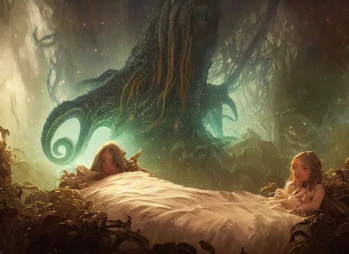 Image similar to my children bed with a giant cthulhu eyes in the night star forest by gaston bussiere, anna nikonova aka newmilky, greg rutkowski, yoji shinkawa, yoshitaka amano, donato giancola, geoffroy thoorens, trending on artstation, featured on pixiv, cinematic composition