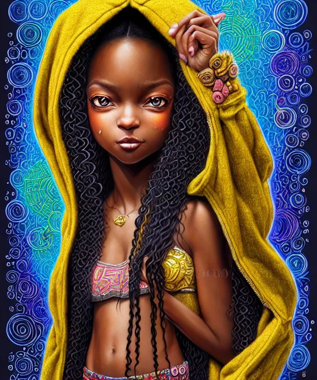 Prompt: Portrait of cute Brazilian black woman , D&D, fantasy, intricate, richly detailed colored pencil 3D illustration of a beautiful with long metallic hair wearing a hoodie and short shorts that is evil and happy. mirrored background with completely rendered reflections, art by Range Murata and Artgerm highly detailed, digital painting, trending on artstation, sharp focus, illustration, style of Stanley Artgerm, perfect smile and tooth