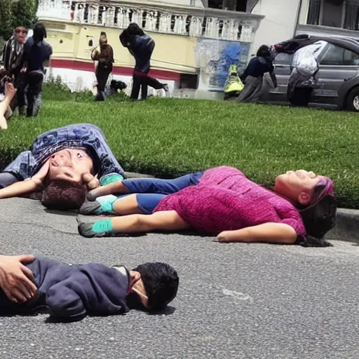 Image similar to several people laying on pavement, dead after gas attack, horror scene, landscape