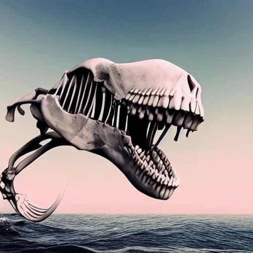 Image similar to a large white whale skeleton animal jumping out of the water, a digital rendering by maki haku, trending on deviantart, rayonism, hyper - realistic, photorealistic, hyper realism.