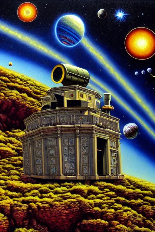 Image similar to a hyperrealistic painting of an ornate observatory resting on the cliff of an alien terrain, telescope pointing towards space galaxies and stars by chris cunningham and richard corben, highly detailed, vivid color,