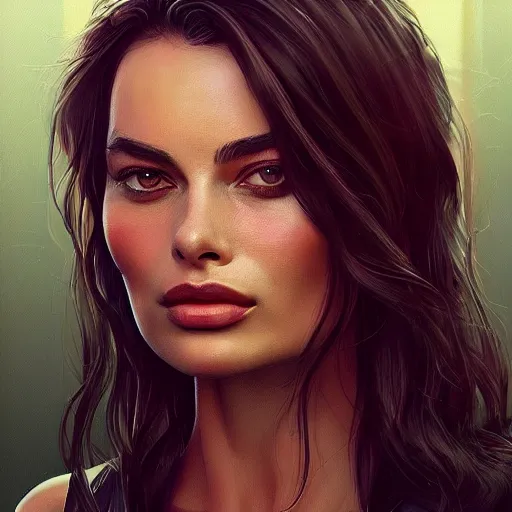 Prompt: a stunning portrait of a woman who looks like a mix between Emily Ratakowski and Margot Robbie, trending on artstation, WLOP, artgerm no blur, no distortion