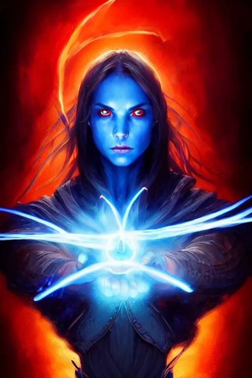 Image similar to Front portrait of mage hold a blue fire on right hand and red fire on the left hand, full body, fine art, awesome fantasy book cover on Pinterest, award winning, dark fantasy landscape, fantasy magic, intricate, elegant, sharp focus, cinematic lighting, highly detailed, digital painting, concept art, art by WLOP and Artgerm and Greg Rutkowski, masterpiece, trending on artstation, 8K