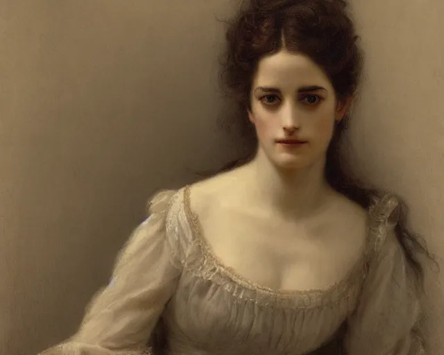 Image similar to portrait en buste of eva green in repose by Hughes Merle, by Pierre Auguste Cot, lackadaisical, aimless mood, perfectly detailed eyes, realistic fabric, abundant detail