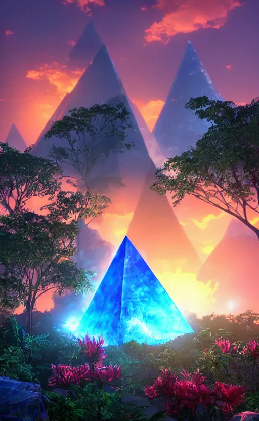 Image similar to a glowing blue crystal tetrahedron!!! in the middle of ancient ruins in a lush prehistoric jungle, inside a humongous cave, red and magenta flowers, sunset, godrays, orange and blue sky, haze, volumetric lighting, digital render, photorealistic, unreal engine 5, ultra detail, trending on artstation