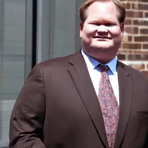 Prompt: Andy Richter is wearing a chocolate brown suit and necktie. Andy is standing outside in the bright sun. His face is covered with sweat.