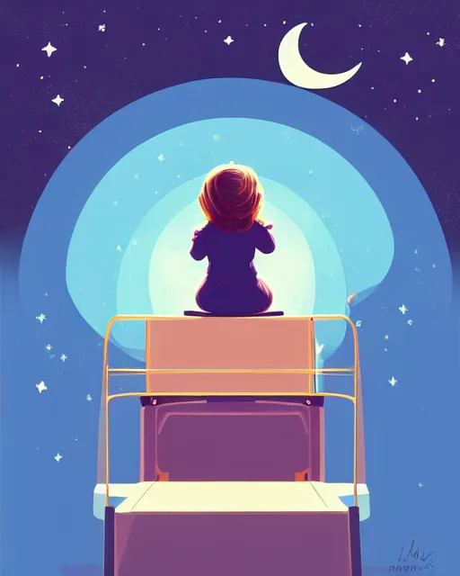 Image similar to beautiful painting of little girl sitting on her flying bed and looking at the moon, art by petros afshar, sky night, illustration, highly detailed, simple, smooth and clean vector curves, no jagged lines, vector art, smooth, artstation