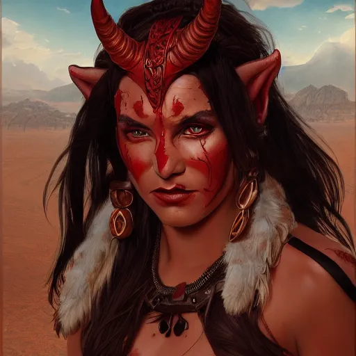 Prompt: portrait of a female berber tiefling with red skin, devil horns and black hair wearing a steel breastplate in a desert, fantasy, highly detailed, digital painting, artstation, concept art, character art, art greg rutkowski and alphonse mucha