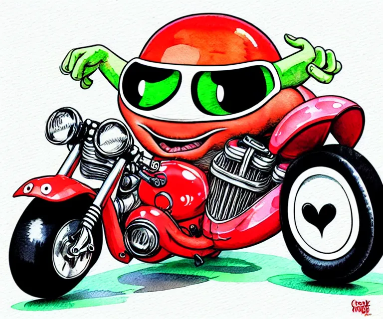 Prompt: cute and funny, closed mouth pepe wearing a helmet riding in a tiny hot rod harley motocrycle with oversized engine, ratfink style by ed roth, centered award winning watercolor pen illustration, isometric illustration by chihiro iwasaki, edited by range murata, details by artgerm