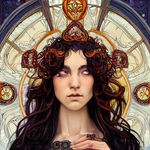 Image similar to an art nouveau, multi - ethnic and multi - racial portrait in the style of charlie bowater, and in the style of donato giancola, and in the style of charles dulac. very large, clear, expressive, intelligent eyes. symmetrical, centered, ultrasharp focus, dramatic lighting, photorealistic digital painting, intricate ultra detailed background.