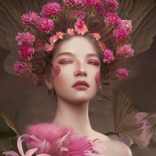 Image similar to expressive full body photo, of beautiful angel, smooth glowing skin, ornate headpiece made from pink flowers, glamour shot, by yoshitaka amano, by greg rutkowski, by jeremyg lipkinng, by artgerm, digital art, octane render