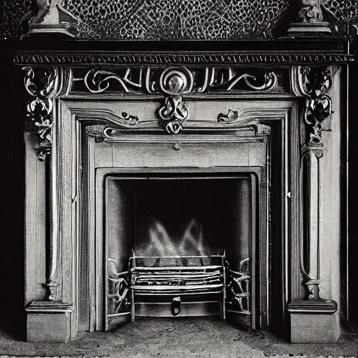 Image similar to grainy 1800s photo of an ornate fireplace that has lights swirling and sparkling in patterns inside it