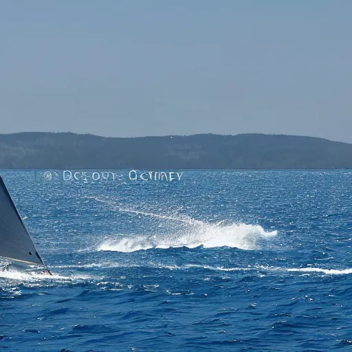 Prompt: a large sailboat with dolphins near the bow, realistic photo.