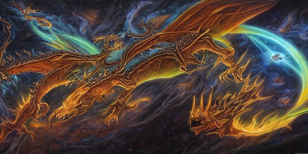 Image similar to bioluminescent alien dragon flying through space by dan seagrave art