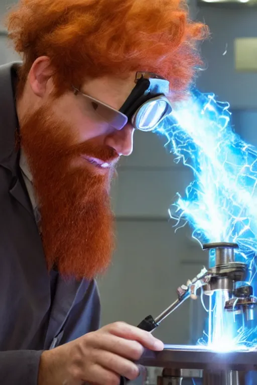 Prompt: an awkwardly tall scientist with a tangled beard and unruly red hair atop his balding head wearing a labcoat and welding goggles and holding a beaker, high resolution film still, movie by Ivan Reitman