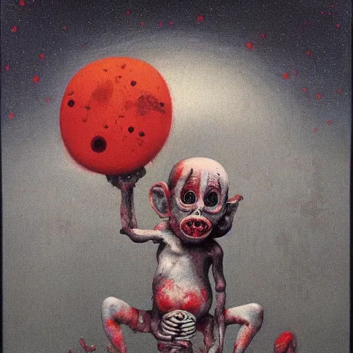 Prompt: terrifying baby clown with monkey heads on its back, dark background with bloody stars, very detailed, Beksinski style