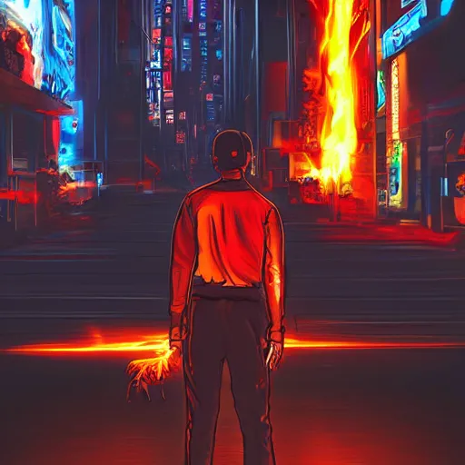 Prompt: young man from behind with flames coming out of hands flying in a cyberpunk city, very detailed, realistic, symmetrical face, art by digital painting,