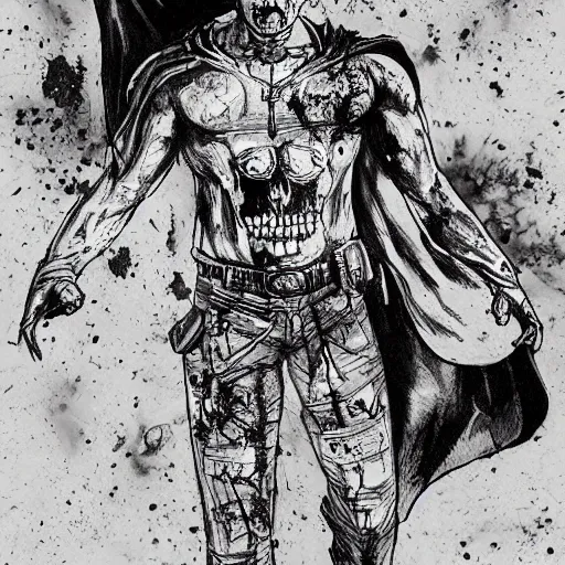 Image similar to black pen sketch of a superman zombie in a post - apocalyptic desert, gta 5 cover art style, the desert is in watercolor, elephant skull, pencil, intermediate art, paper art, pencil, bold lines, humans with apocalypse clothes on in the background, by an gta 5 loading screen artist