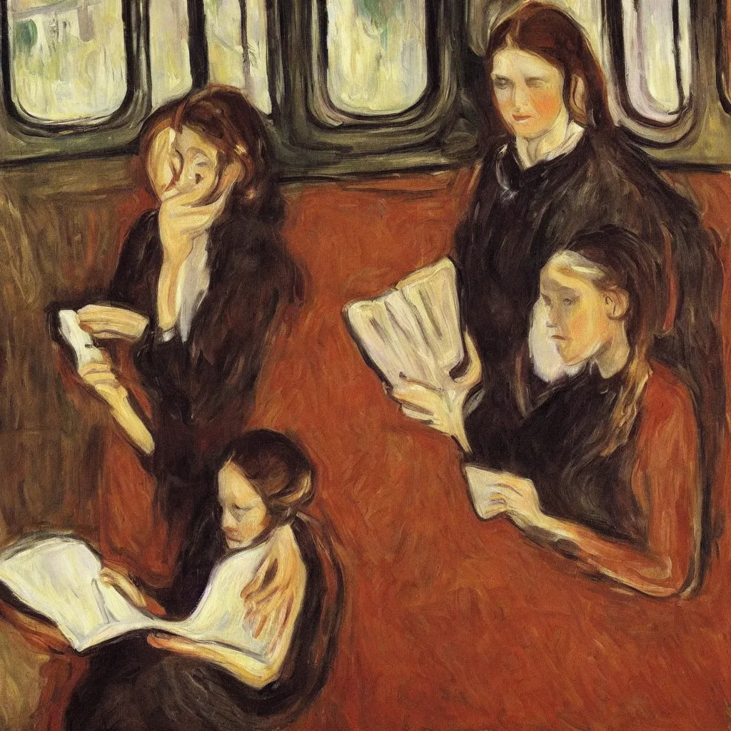 Prompt: a reading girl on the train, canvas, oil paint, cinematic, detailed, artwork by edvard munch